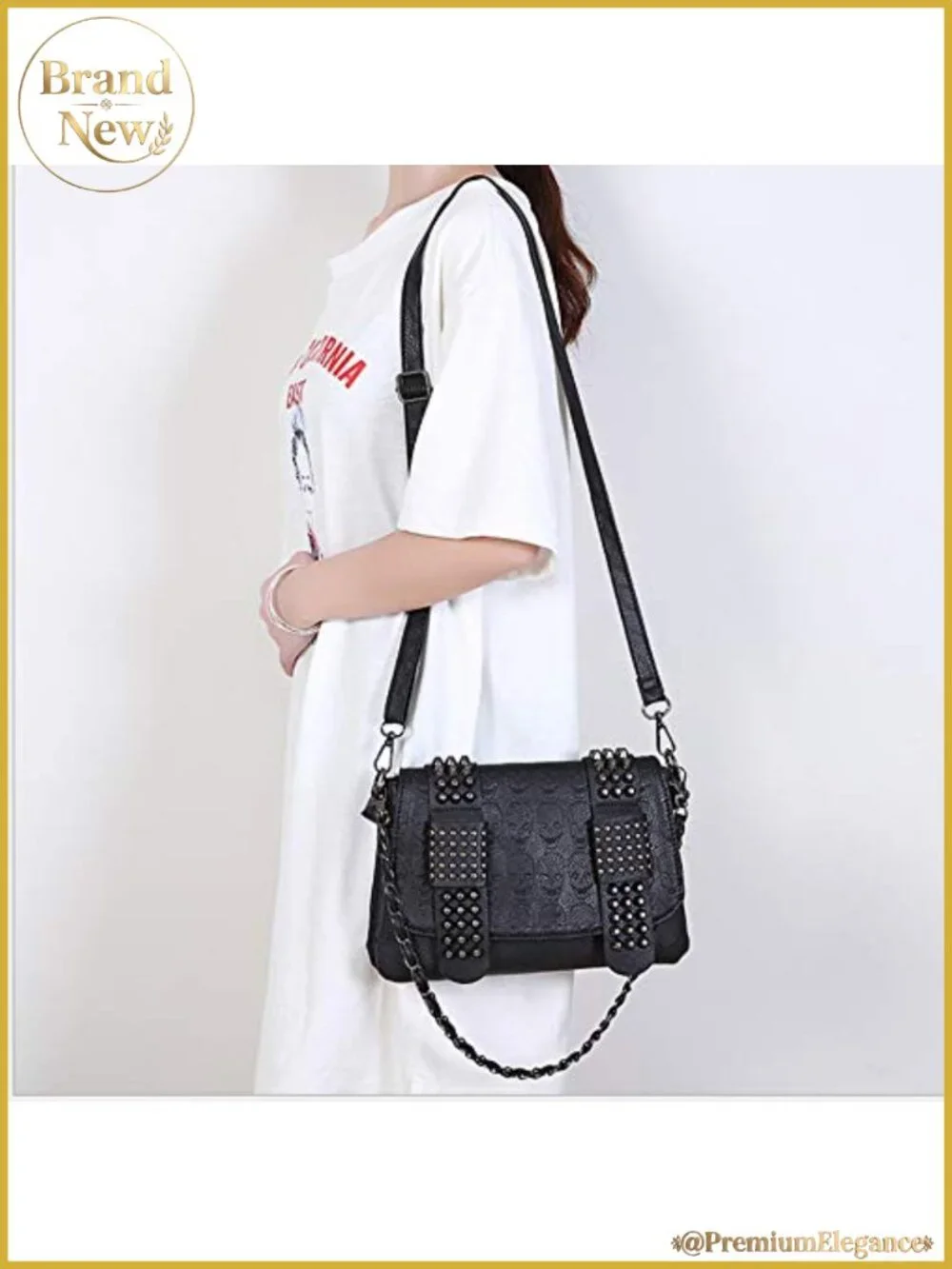 Goth Skull Rivet Shoulder Bag Satchel PU Leather Chain Tote Purse